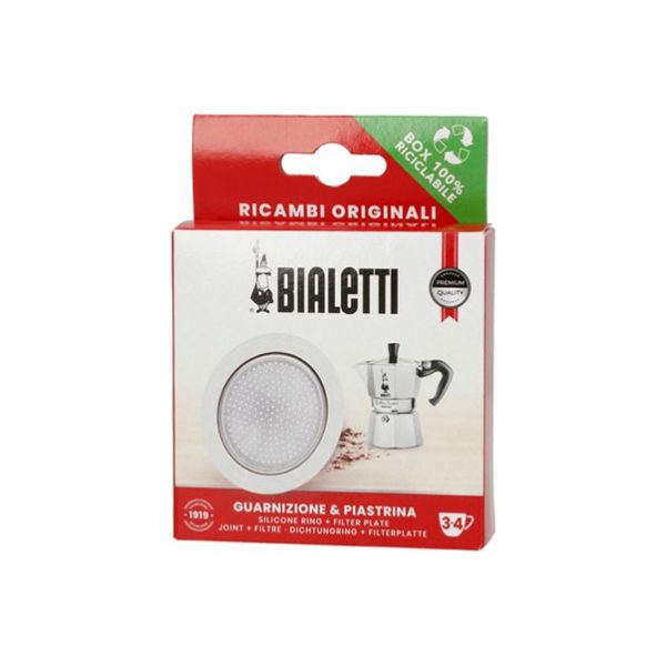 Bialetti 3 Replacement Seals + Filter. 34 Cup Groove Beans